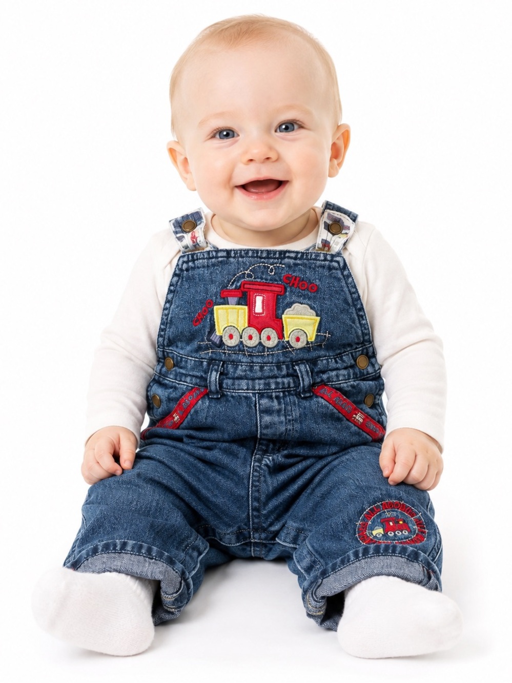 Vintage Y2K Koala Baby 3-6M Denim Train Overalls Embroidered Halloween Costume